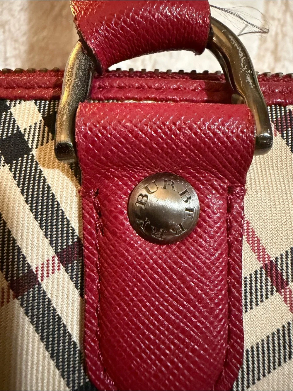 Burberry Nova Check Red Leather Turn-Lock Satchel Bag Vintage